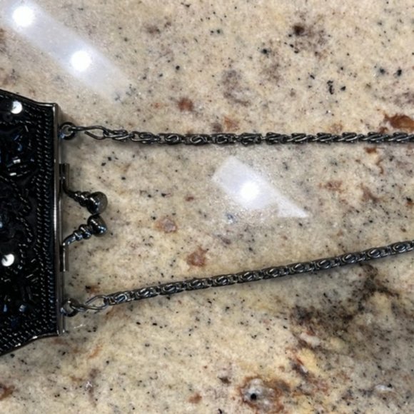 Mini-Purse: Black and Silver Beads, Black Sequins, & Gunmetal Gray Chain Strap - Picture 13 of 15